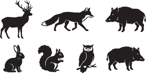 Obraz premium Woodland forest wild animals silhouette collection featuring a deer stag, running fox, wild boars, sitting rabbit, squirrel, and perched owl.