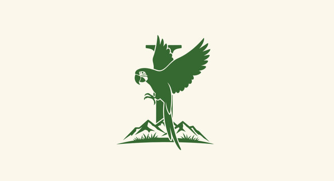 Green parrot perched on mountain peak silhouette.
