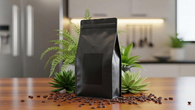 Black Coffee Bag Surrounded by Beans and Plants