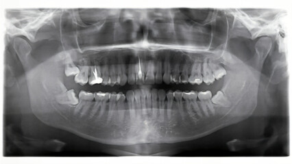 Panoramic dental x-ray showing full mouth teeth and jaw structure for oral health diagnosis and dental care design © obsidianium
