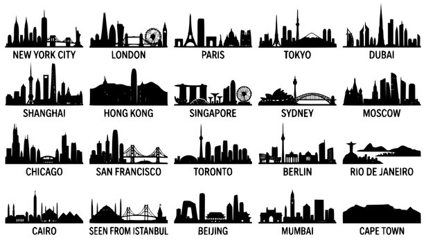 World cityscape vector collection urban skyline and skyscraper silhouettes