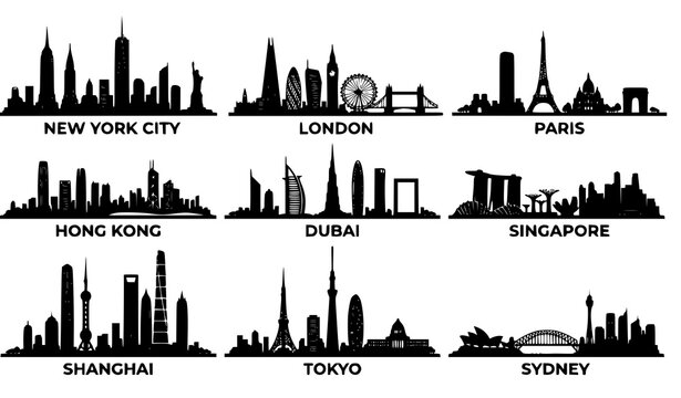 Urban architecture skyline vector set major city silhouette illustrations