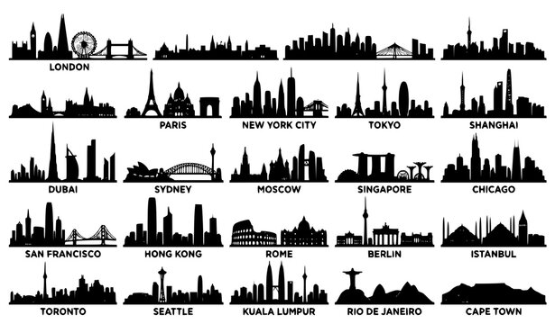 Global city skyline silhouette vector set iconic urban architecture collection