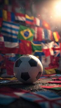 Soccer ball surrounded by flags of participating nations