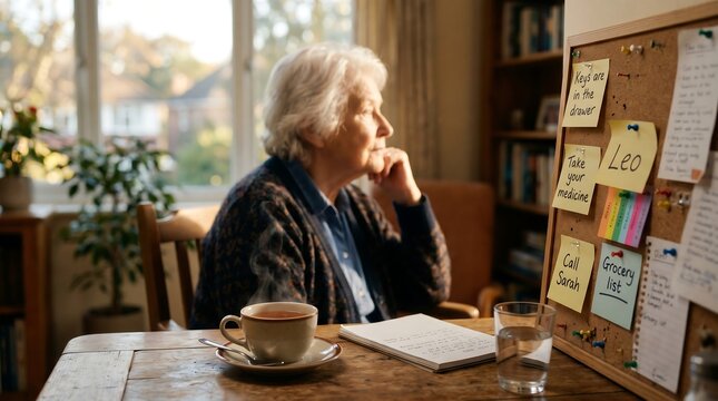 Senior Woman with Dementia Looking Out Window Near Reminder Board
