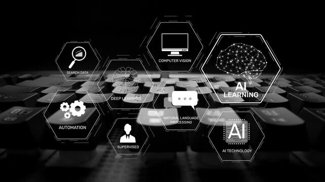 AI learning system involves deep learning, supervised machine learning, and natural language processing. AI learning diagram shows how AI advances learn in automation and data processing. Muxer