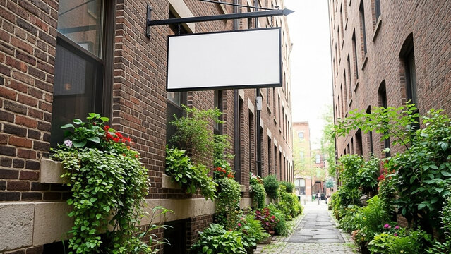 Blank Signage on Brick Wall with Lush Greenery