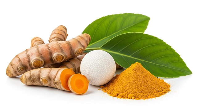 Turmeric Root, Powder, and Leaves with White Sphere