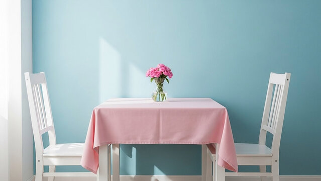 Cozy Table Setting with Pink Roses and Chairs