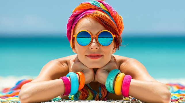 A vibrant woman relaxing on the beach with colorful accessories, showcasing a joyful summer vibe under the sun.
