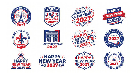 Happy new year 2027 french landmarks and symbols emblem and badge collection with eiffel tower arc de triomphe fleur de lis celebration greeting typography calendar illustration © Shaon