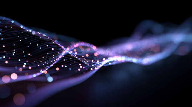 Glowing data particles flowing through an abstract digital wave network