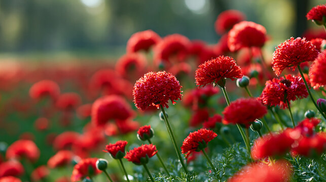 Field of red flowers bathed in bright sunshine, vivid color saturation against green foliage, defocused field edges in background, red flower field photography, vibrant nature