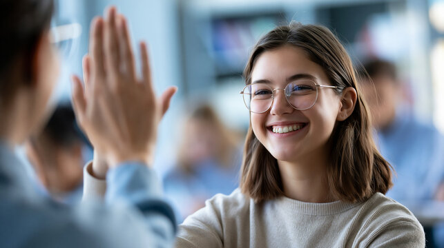 Faceless teacher giving a high-five to a smiling girl student in a classroom, celebration of academic achievement, defocused classroom interior in background, education mentorship