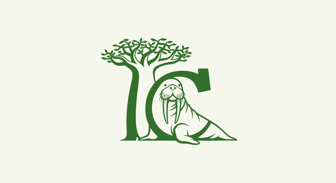 Walrus resting under a stylized green tree illustration.
