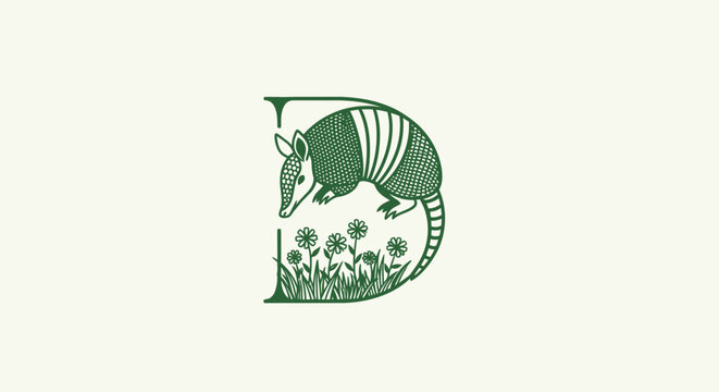 Armored armadillo curled in letter D shape design.