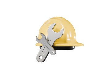 Fototapeta premium 3d hard hat wrench icon. construction maintenance concept. minimal cartoon safety helmet repair tool for engineering marketing. isolated on white transparent background. 3d render.