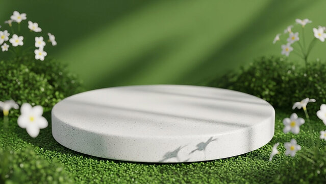 White Podiums Surrounded by Lush Green Grass and Flowers