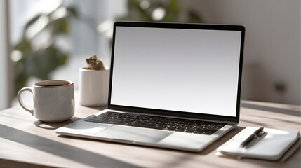 Fototapeta premium Open laptop computer with a blank white screen sits on a wooden desk next to a ceramic coffee mug indoors