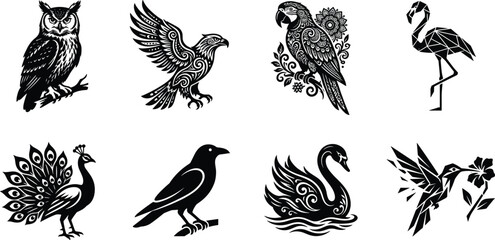 Fototapeta premium Bird Silhouette Collection Featuring Owl Eagle Parrot Flamingo Peacock Raven Swan and Hummingbird Vector Art
