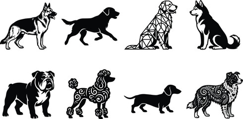 Dog Breed Silhouette Collection Featuring German Shepherd Labrador Husky Bulldog Poodle Dachshund and Collie Vector Set © Rupsenara