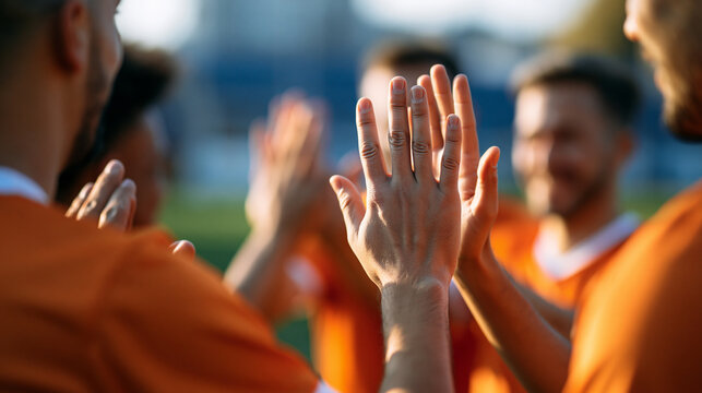 Faceless male soccer team high-fiving each other in celebration after a competitive match, energetic teamwork visible, defocused field in background, football championship concept