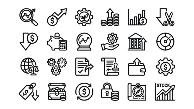 Collection of line style business finance icons and symbols for infographics and presentations on white background