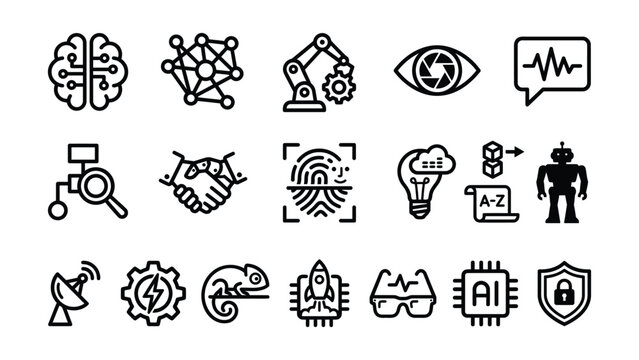 Collection of various modern technology and innovation related line icons on white background