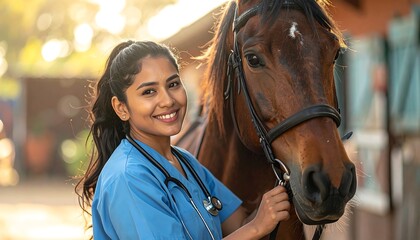 Obraz premium A smiling woman in blue scrubs with a stethoscope around her neck stands beside a brown horse