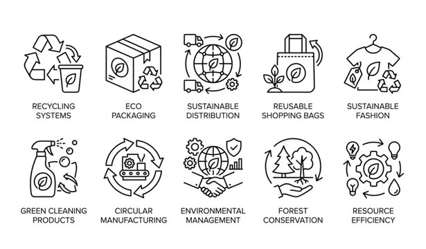 Ecology Thin Line Icon Set with Recycling Sustainable Packaging Reuse and Green Distribution Symbols