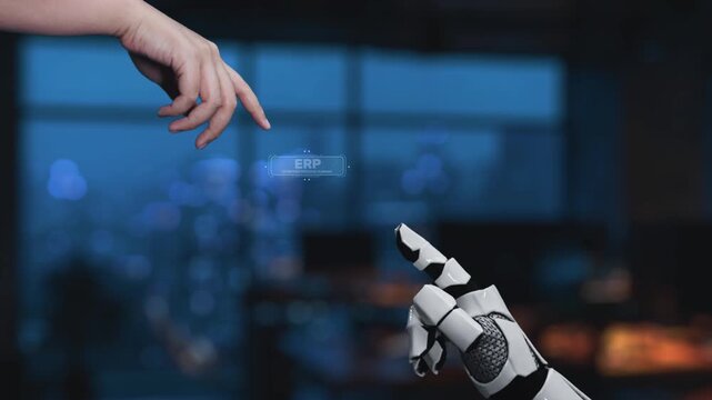 This image depicts a modern business environment showcasing enterprise resource planning with a robotic hand, emphasizing automation and data visualization. Synapse