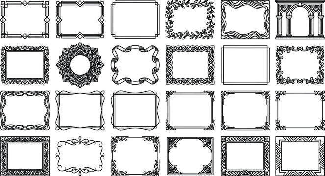 Collection of elegant black ornamental floral decorative borders and frames with vintage swirls and 