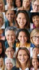 Fototapeta premium Collage of diverse women and girls smiling in an international group montage, multiple faces combined showing different ages and ethnicities, inclusion and global collaboration