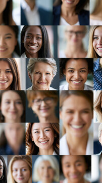 Collage of diverse women and girls smiling in an international group montage, multiple faces combined showing different ages and ethnicities, inclusion and global collaboration