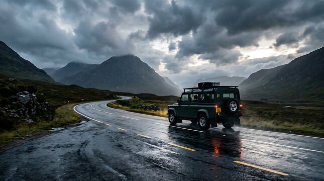 A land rover defender driving on a wet road through the scottish highlands