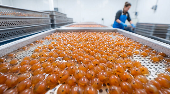 Salmon roe on trays in seafood processing plant with worker sorting fish eggs