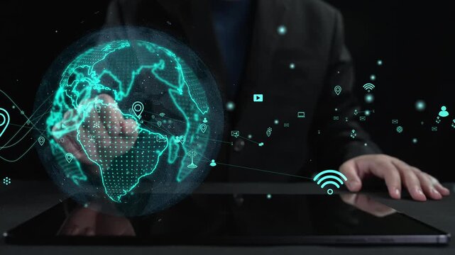 This image showcases a futuristic design illustrating global communication concepts, highlighting wireless technology, data flow, and digital connectivity. Cipher