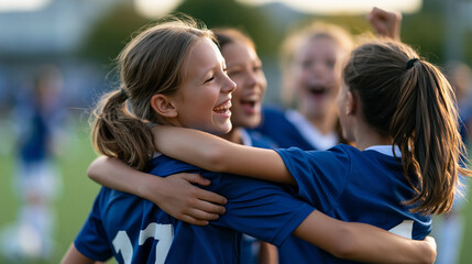 Faceless young girl soccer players celebrating together with a piggyback ride on the field after winning a game, joyful teamwork energy, defocused green field in background, girls