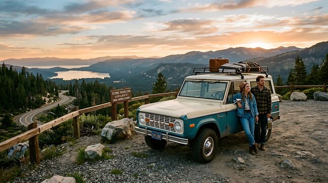 Couple standing by vintage ford bronco at scenic mountain overlook at sunset