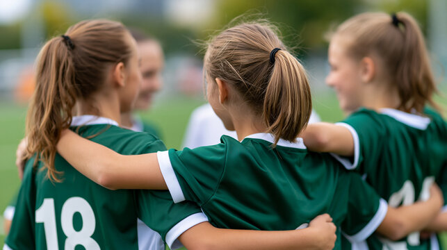 Faceless young girl soccer players celebrating together with a piggyback ride on the field after winning a game, joyful teamwork energy, defocused green field in background, girls