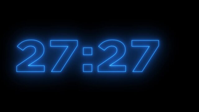 30 minute Countdown timer .Neon blue glow timer counts down from thirty minutes on a black background.