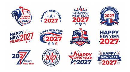 French themed happy new year 2027 emblems featuring rooster and eiffel tower celebration greeting typography calendar illustration template creative collection beginning abstract © Shaon