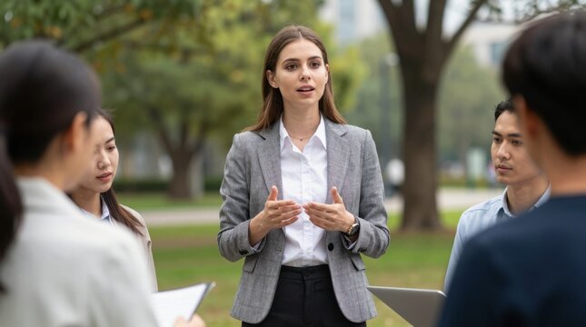 Business woman speaking to small group outdoors park meeting