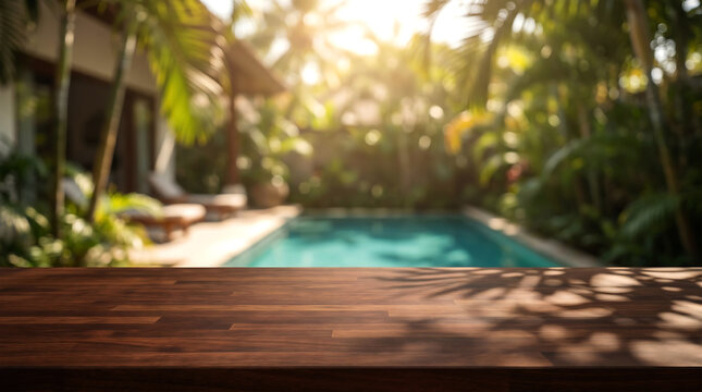 Empty wooden table mockup with blurred tropical swimming pool and resort background for summer product display