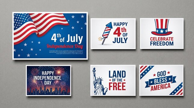 Patriotic posters and cards for independence day celebrations with american flag and liberty bell and fireworks and freedom and god bless america on gray wall