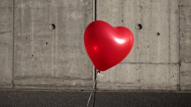 Red heart balloon floating against industrial concrete wall.