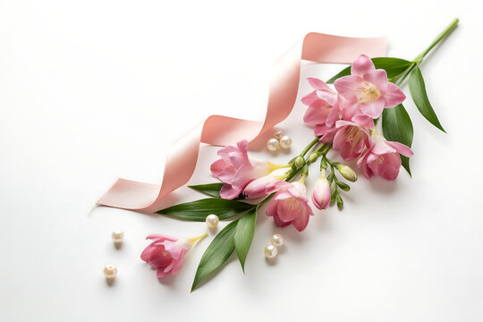 A beautiful delicate crescent shaped floral arrangement featuring an assortment of pink roses flowers and green leaves with scattered petals creating an elegant decorative border