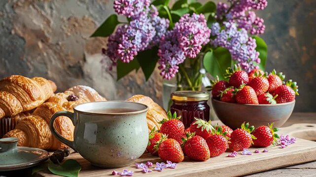 Rustic breakfast spread with tea strawberries and lilacs.
