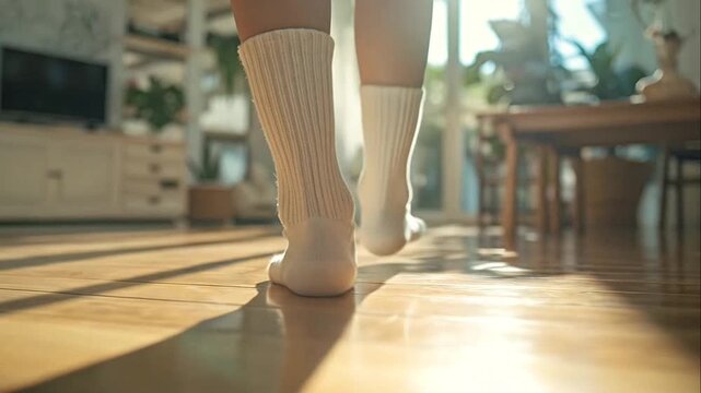 Person in white socks walking on polished hardwood floor at home in warm morning sunlight
