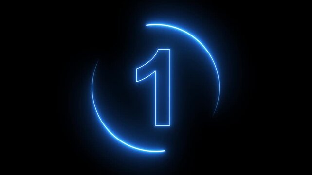 Neon countdown from 5 to 0 second animation, 5 second countdown timer animation. neon light numbers from 5 to 0, laser ray appears interesting circle animation on black background.
